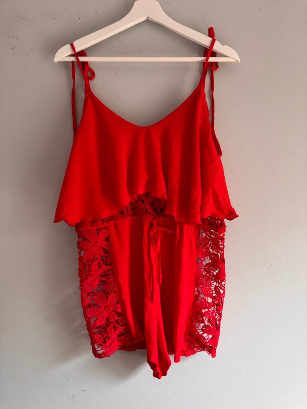 Wamiani Red Lace Romper Cover Up Boho Beach Tie Strap Size M